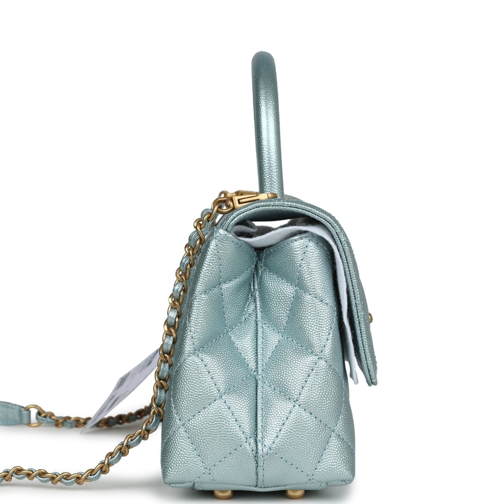 Chanel Small Coco Handle Flap Bag Light Blue Iridescent Caviar Aged Gold Hardware