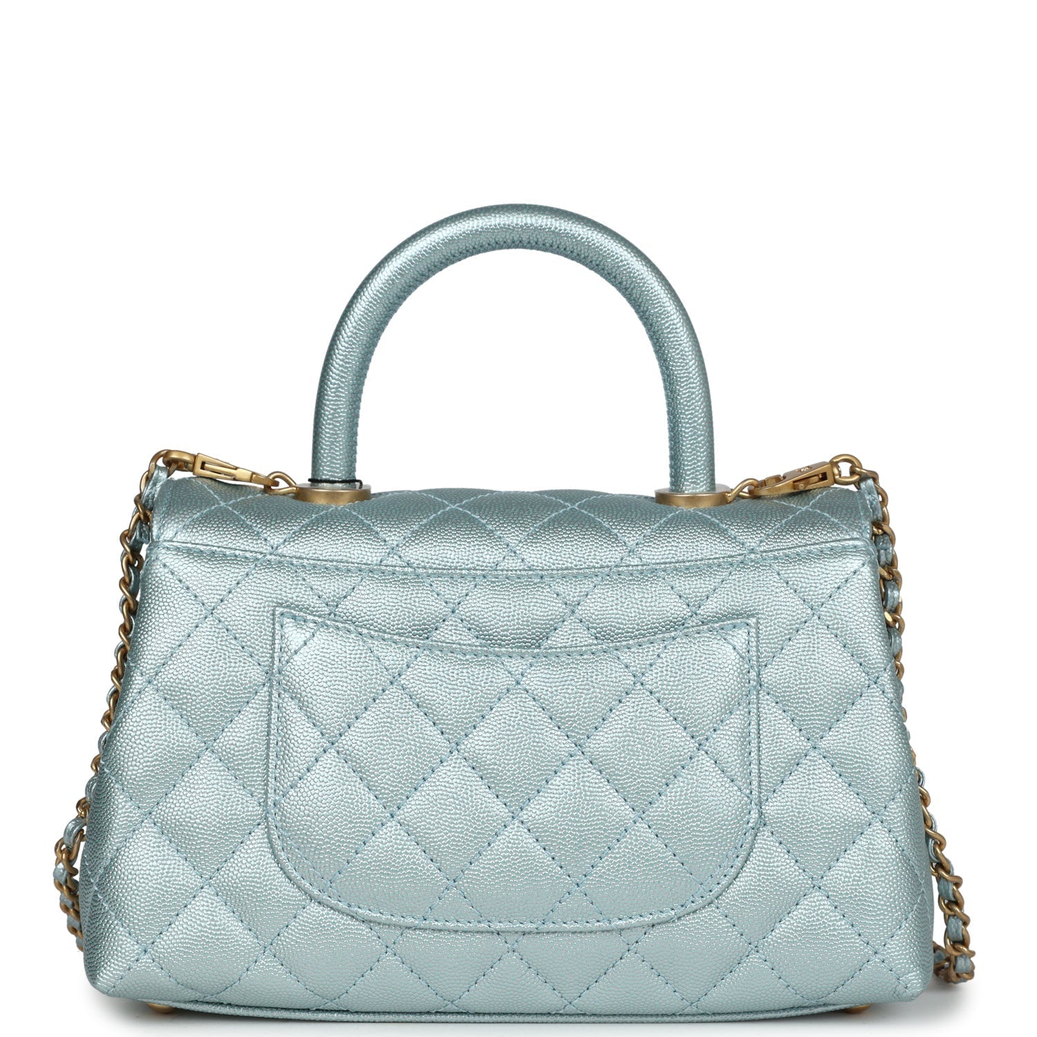 Chanel Small Coco Handle Flap Bag Light Blue Iridescent Caviar Aged Gold Hardware