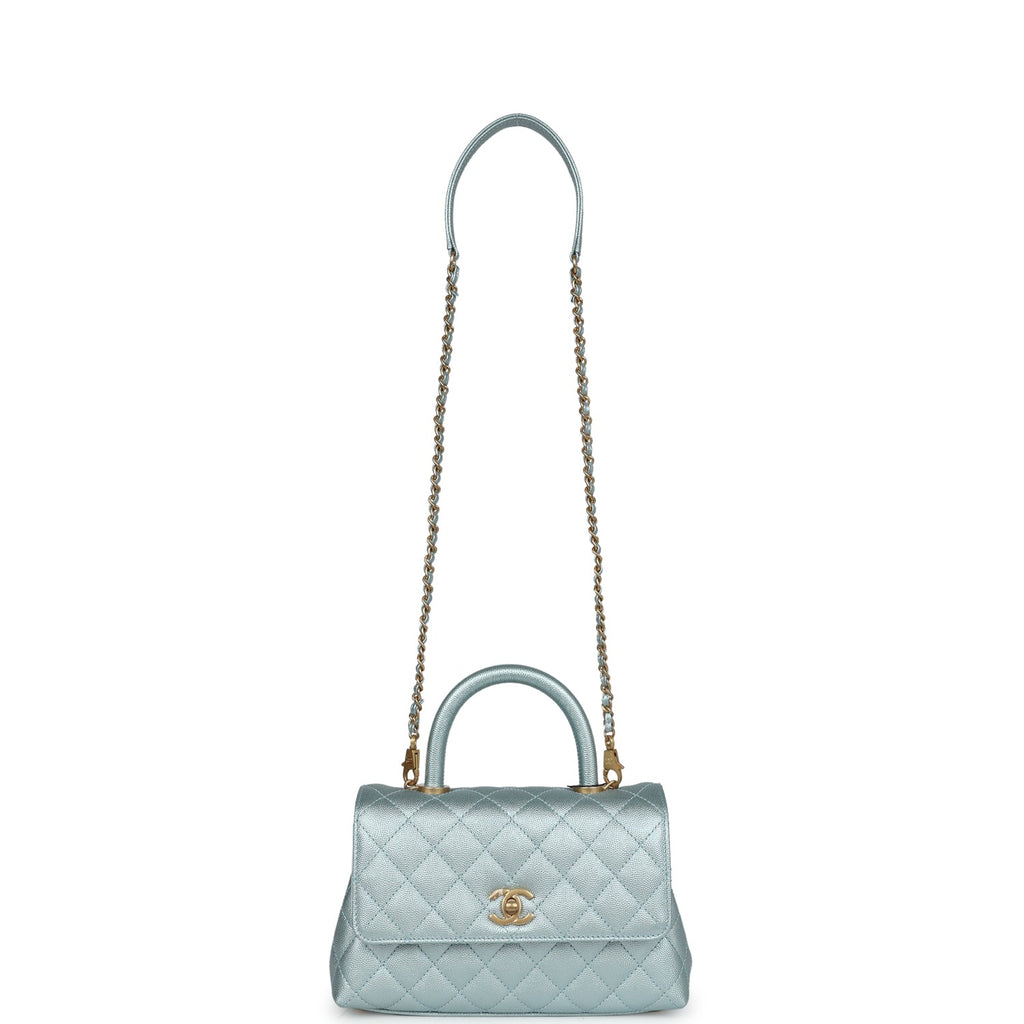 Chanel Small Coco Handle Flap Bag Light Blue Iridescent Caviar Aged Gold Hardware