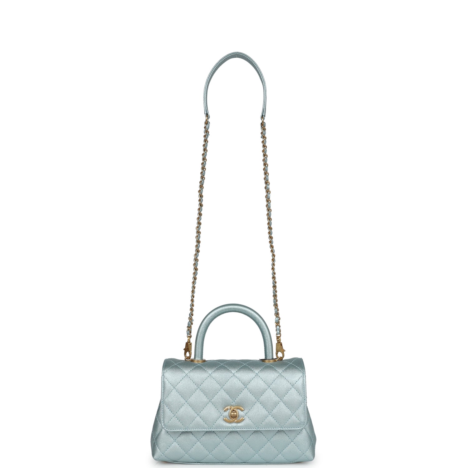Chanel Small Coco Handle Flap Bag Light Blue Iridescent Caviar Aged Gold Hardware