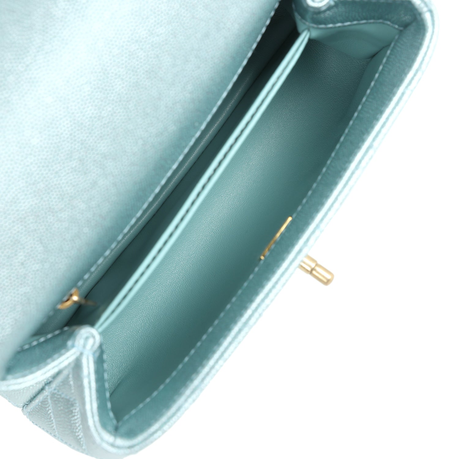 Chanel Small Coco Handle Flap Bag Light Blue Iridescent Caviar Aged Gold Hardware