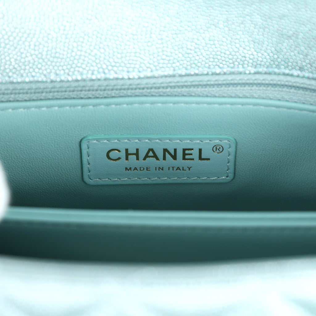 Chanel Small Coco Handle Flap Bag Light Blue Iridescent Caviar Aged Gold Hardware