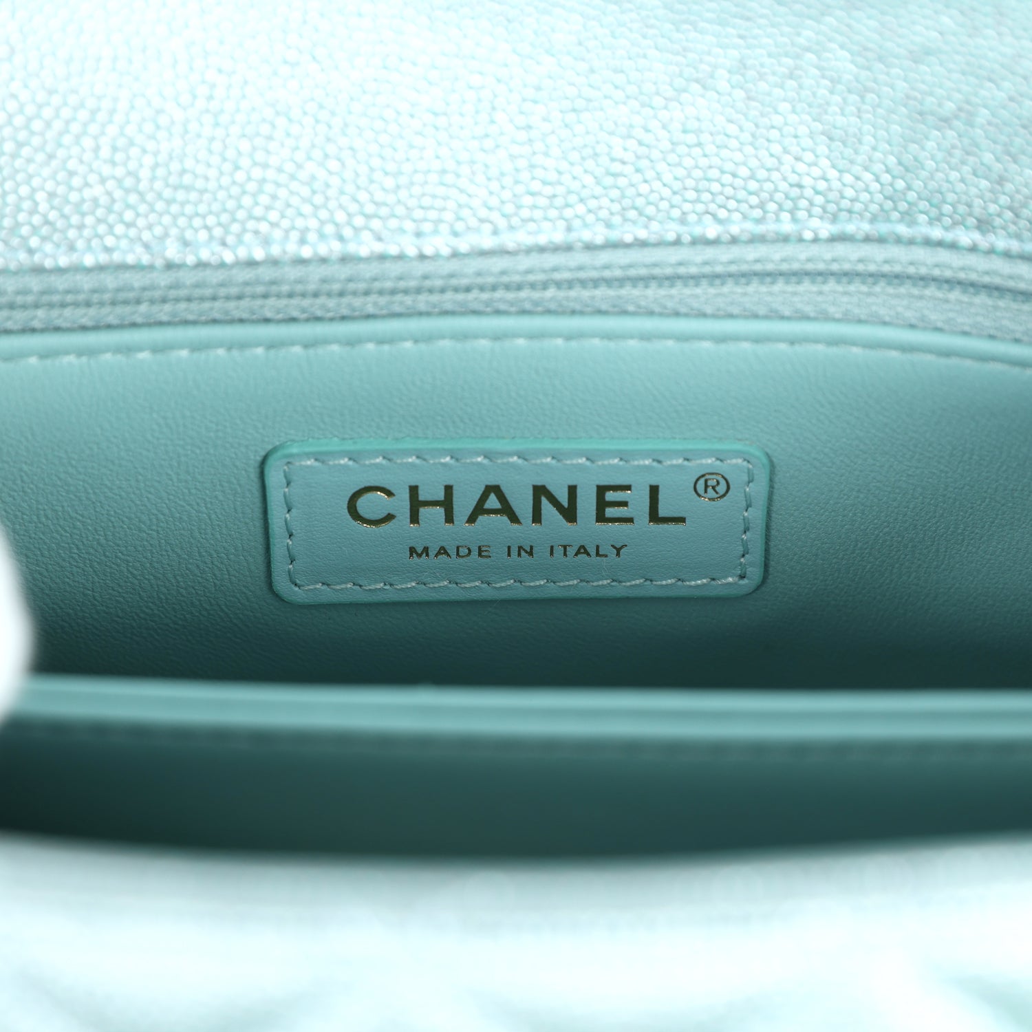 Chanel Small Coco Handle Flap Bag Light Blue Iridescent Caviar Aged Gold Hardware