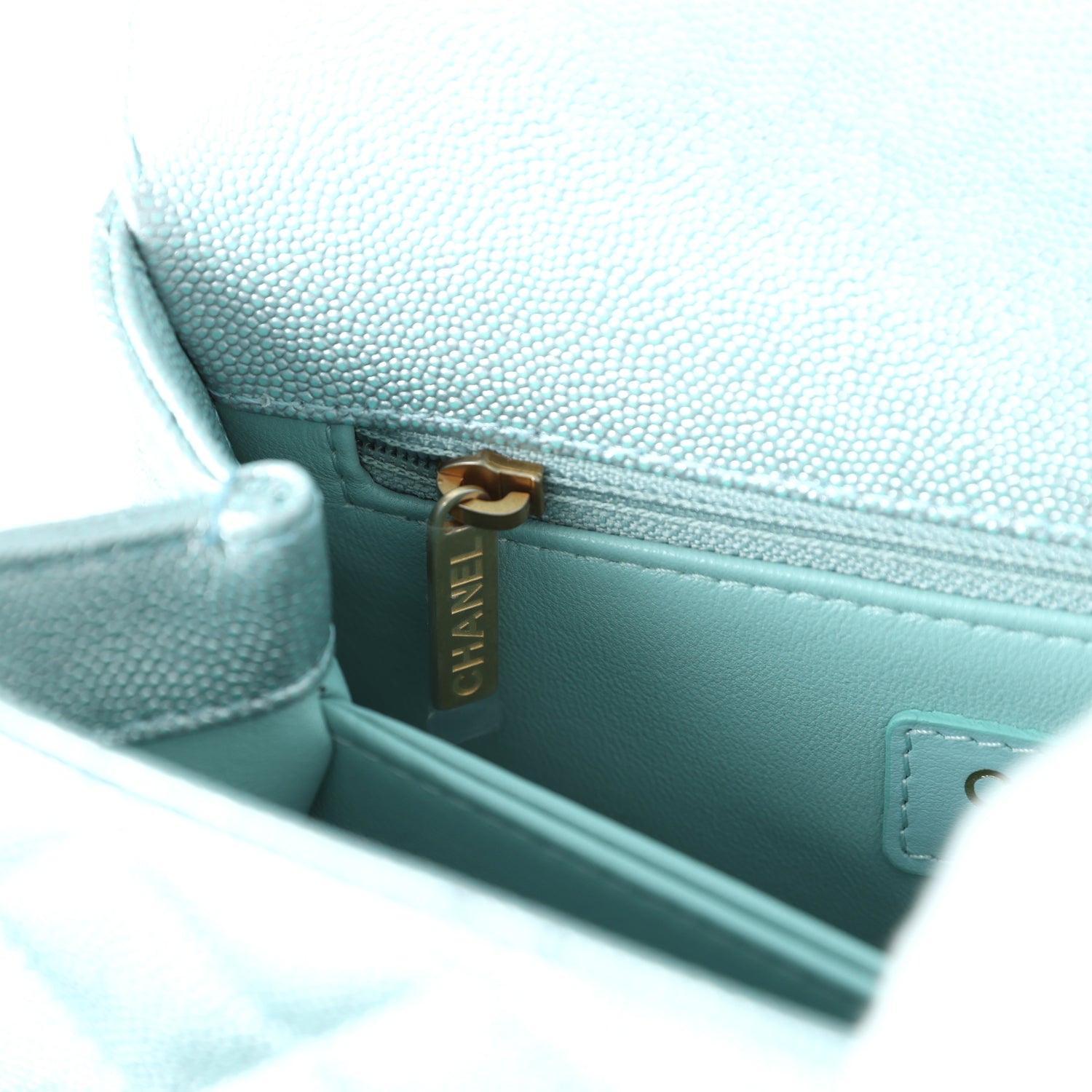 Chanel Small Coco Handle Flap Bag Light Blue Iridescent Caviar Aged Gold Hardware