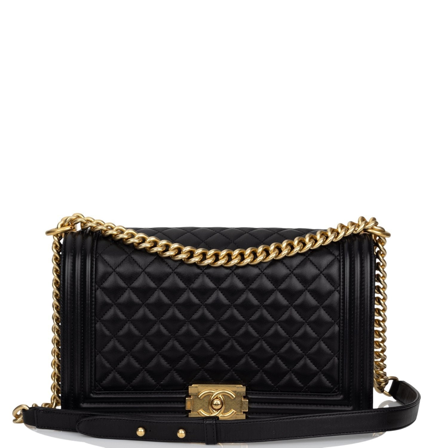 Pre-owned Chanel New Medium Boy Bag Black Lambskin Antique Gold Hardware