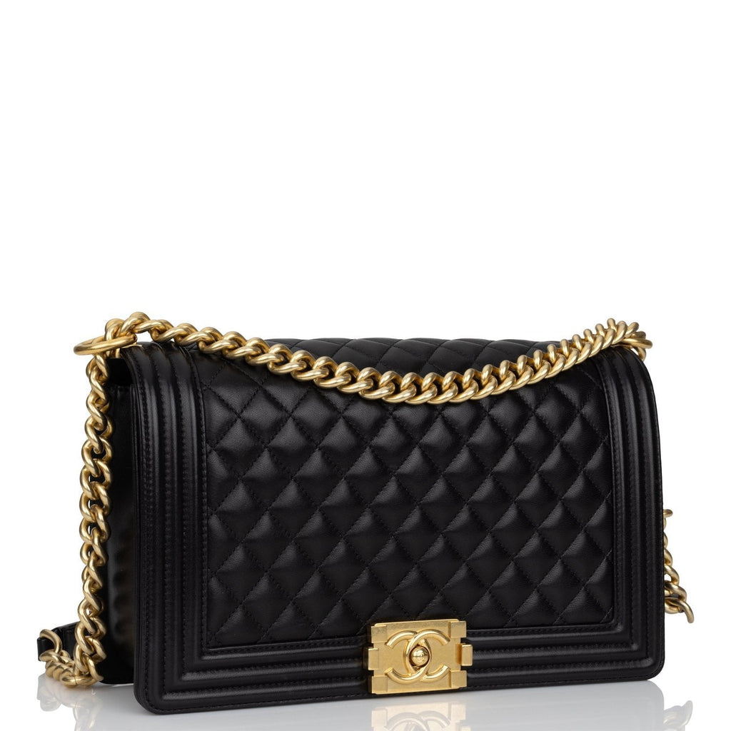 Pre-owned Chanel New Medium Boy Bag Black Lambskin Antique Gold Hardware