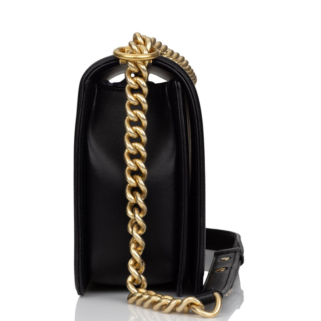 Pre-owned Chanel New Medium Boy Bag Black Lambskin Antique Gold Hardware
