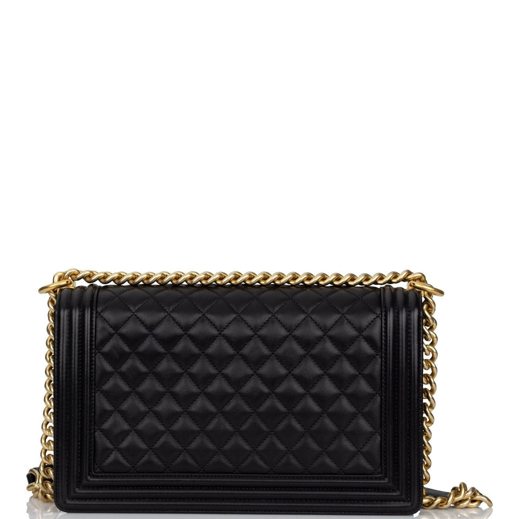 Pre-owned Chanel New Medium Boy Bag Black Lambskin Antique Gold Hardware