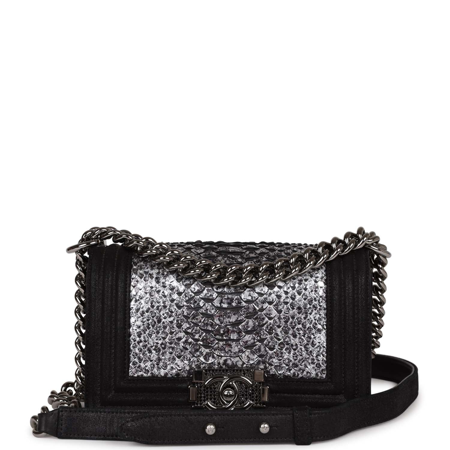 Pre-owned Chanel Small Boy Bag Black Suede and Silver Python Silver Hardware