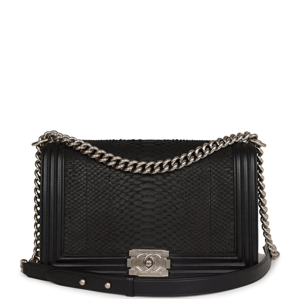 Pre-owned Chanel Medium Boy Bag Black Python and Lambskin Brushed Silver Hardware