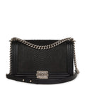 Pre-owned Chanel Medium Boy Bag Black Python and Lambskin Brushed Silver Hardware