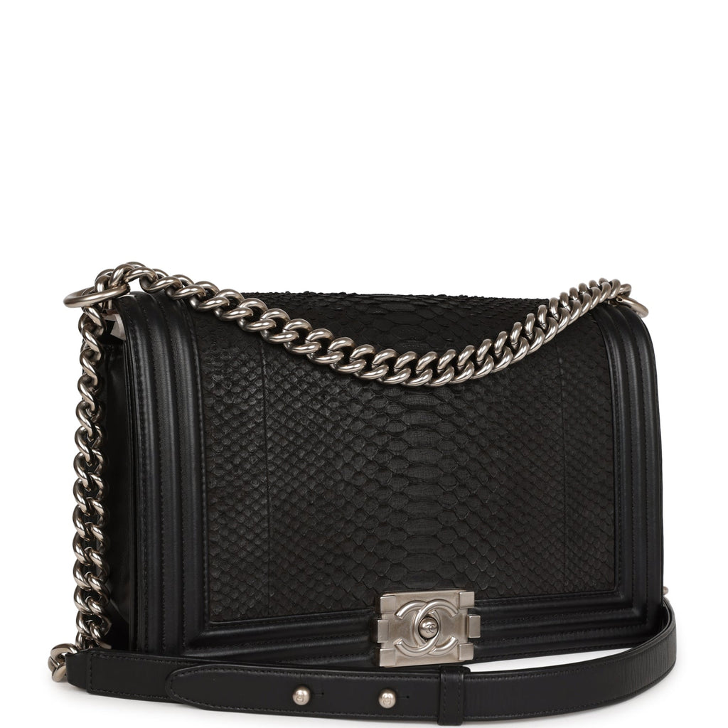 Pre-owned Chanel Medium Boy Bag Black Python and Lambskin Brushed Silver Hardware