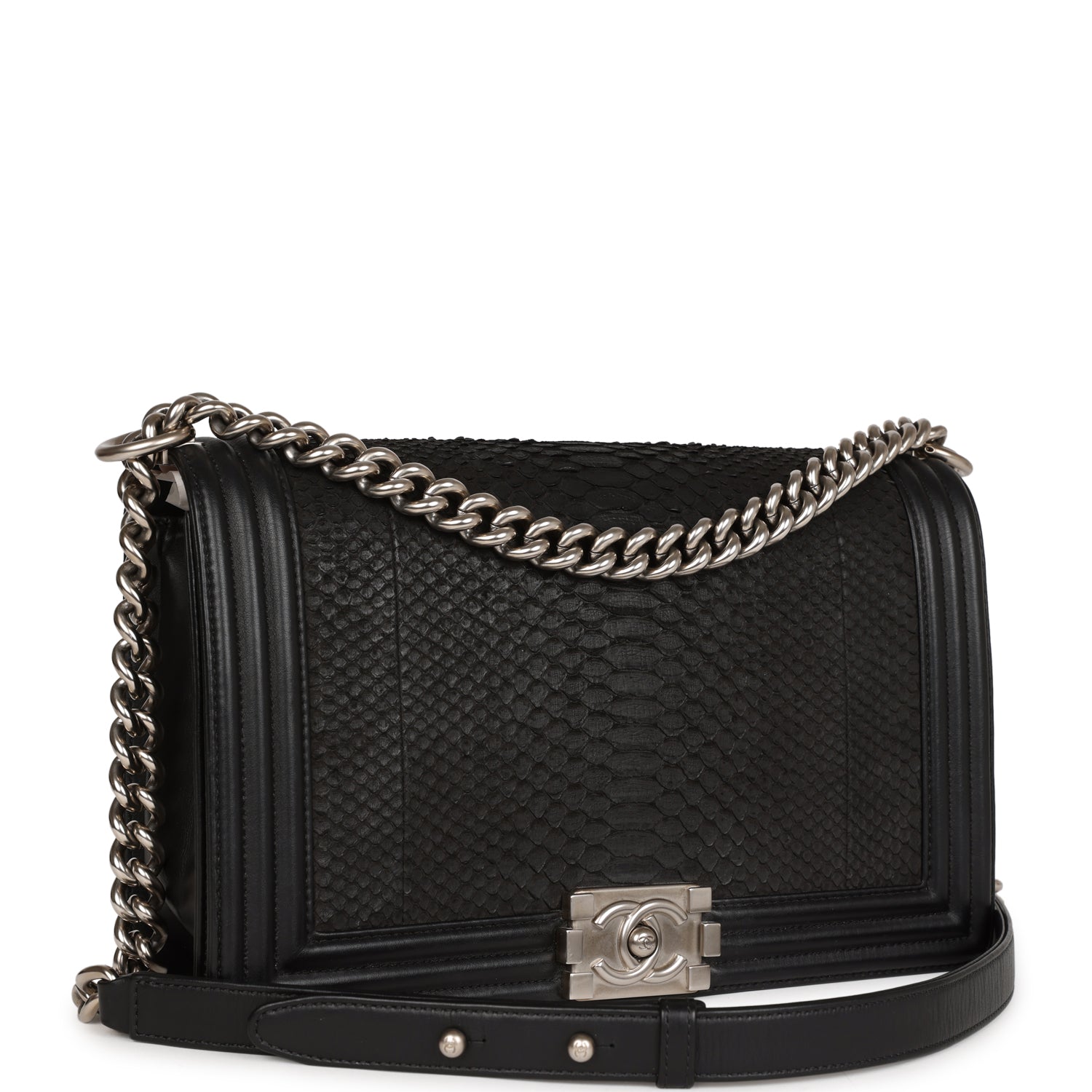 Pre-owned Chanel Medium Boy Bag Black Python and Lambskin Brushed Silver Hardware