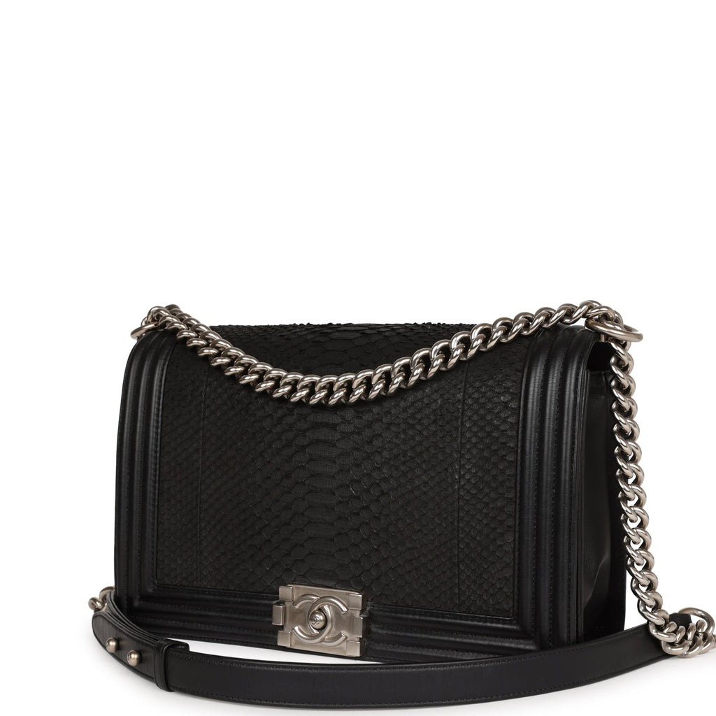 Pre-owned Chanel Medium Boy Bag Black Python and Lambskin Brushed Silver Hardware