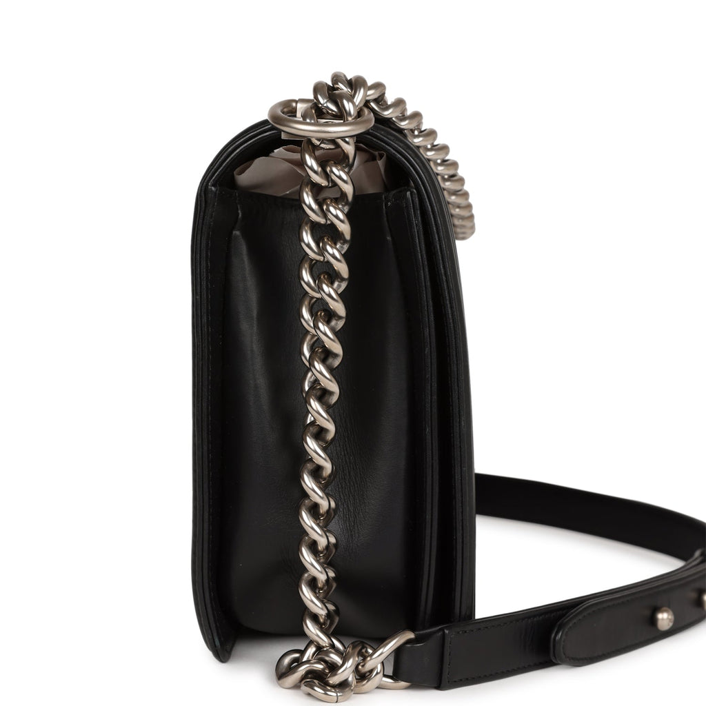 Pre-owned Chanel Medium Boy Bag Black Python and Lambskin Brushed Silver Hardware