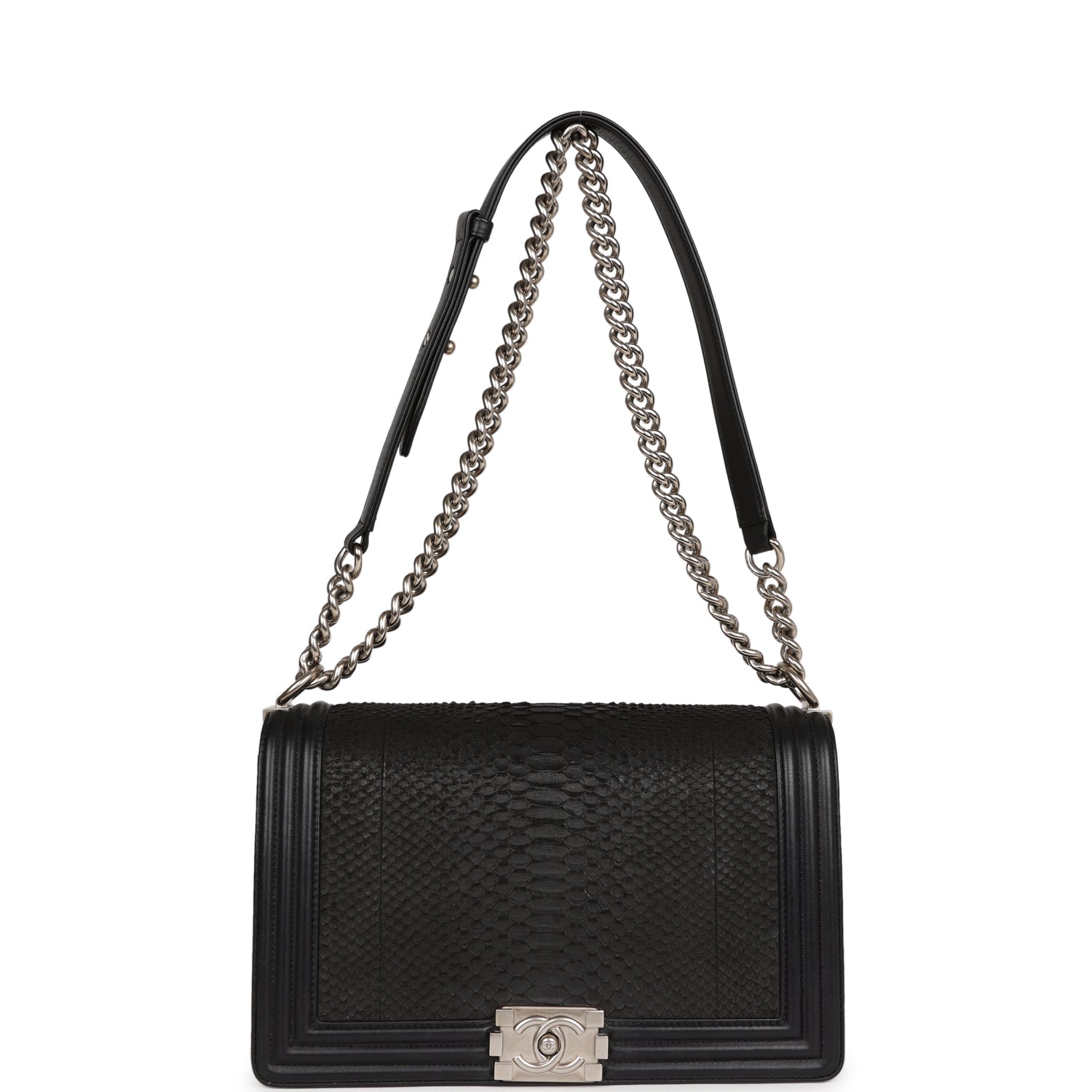 Pre-owned Chanel Medium Boy Bag Black Python and Lambskin Brushed Silver Hardware