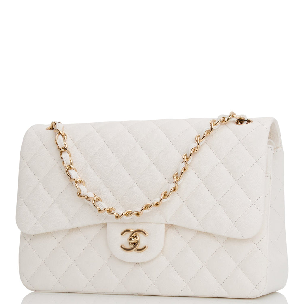 Chanel Jumbo Classic Double Flap Bag White Caviar Light Gold Hardware
