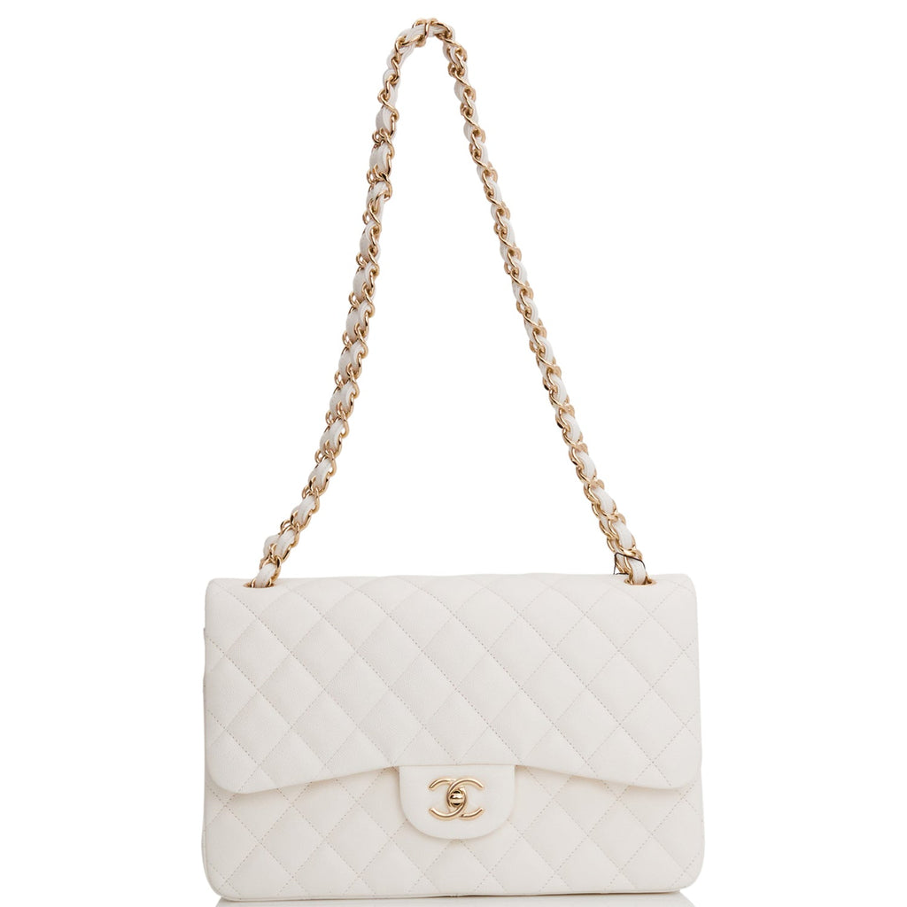 Chanel Jumbo Classic Double Flap Bag White Caviar Light Gold Hardware