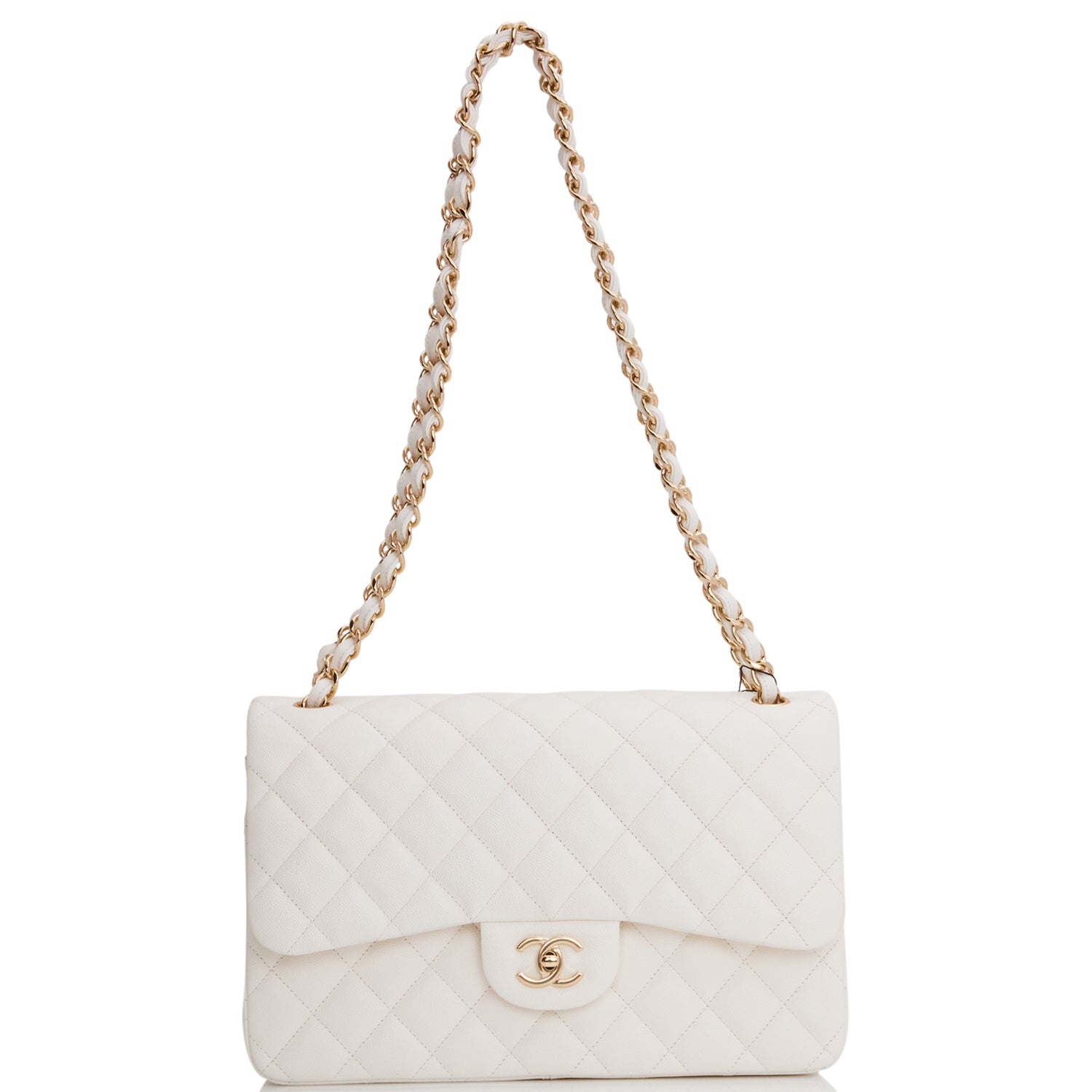 Chanel Jumbo Classic Double Flap Bag White Caviar Light Gold Hardware
