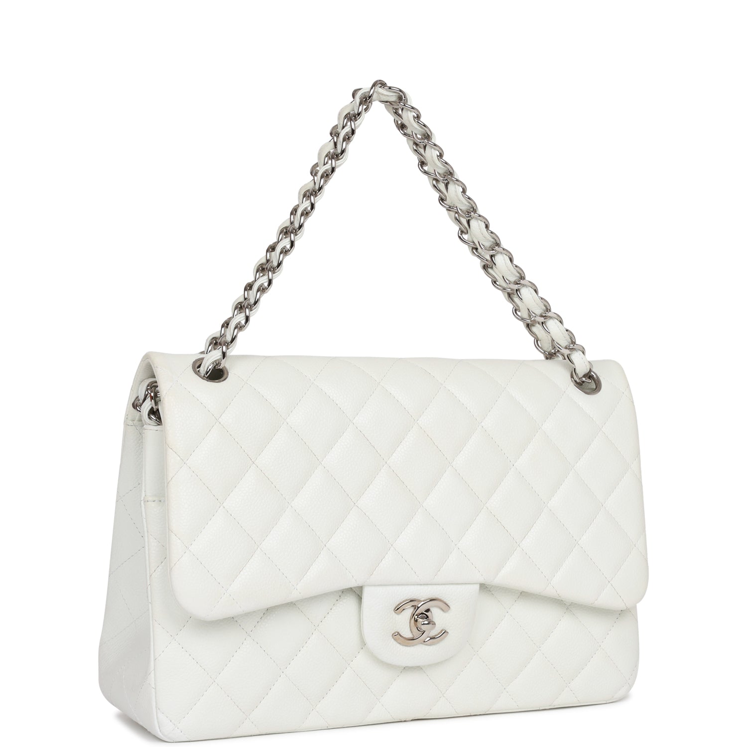 Pre-owned Chanel Jumbo Classic Double Flap Bag White Caviar Silver Hardware