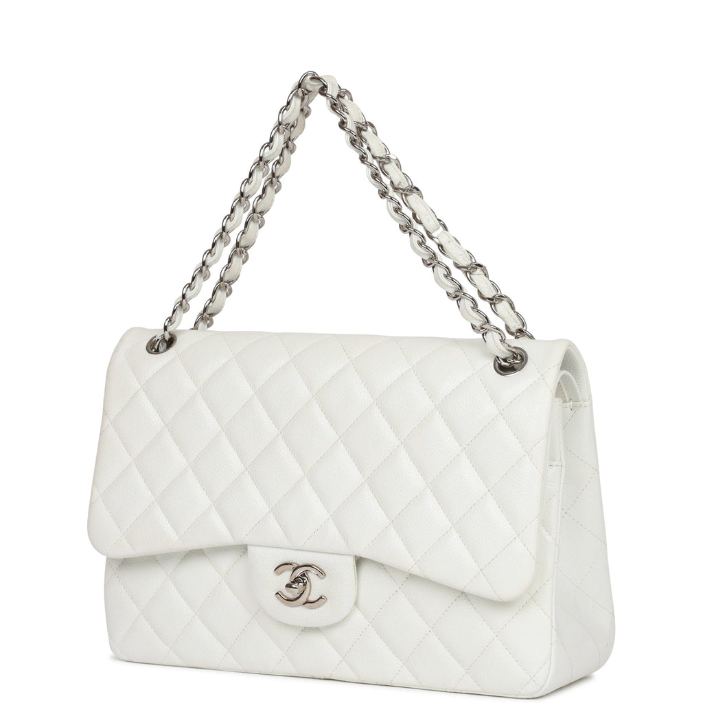 Pre-owned Chanel Jumbo Classic Double Flap Bag White Caviar Silver Hardware