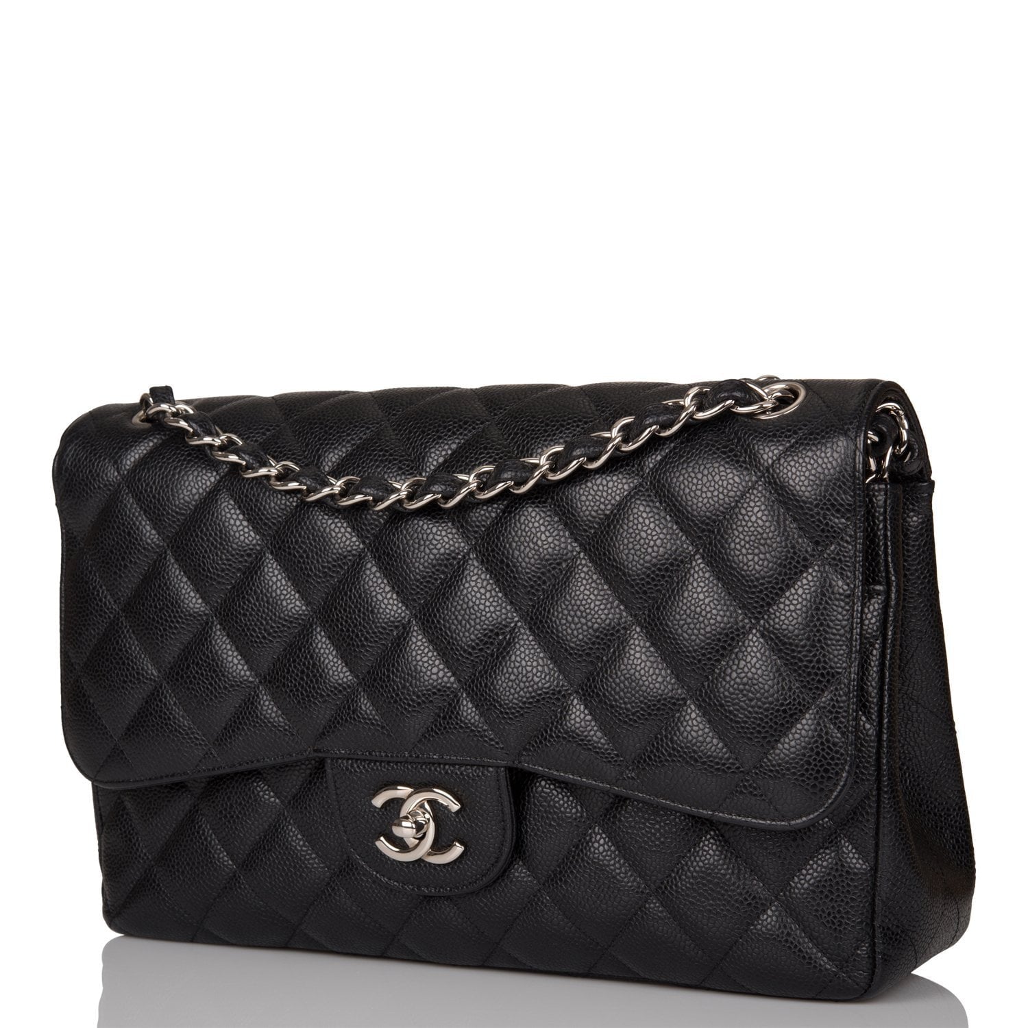 Pre-owned Chanel Jumbo Classic Double Flap Bag Black Caviar Silver Hardware