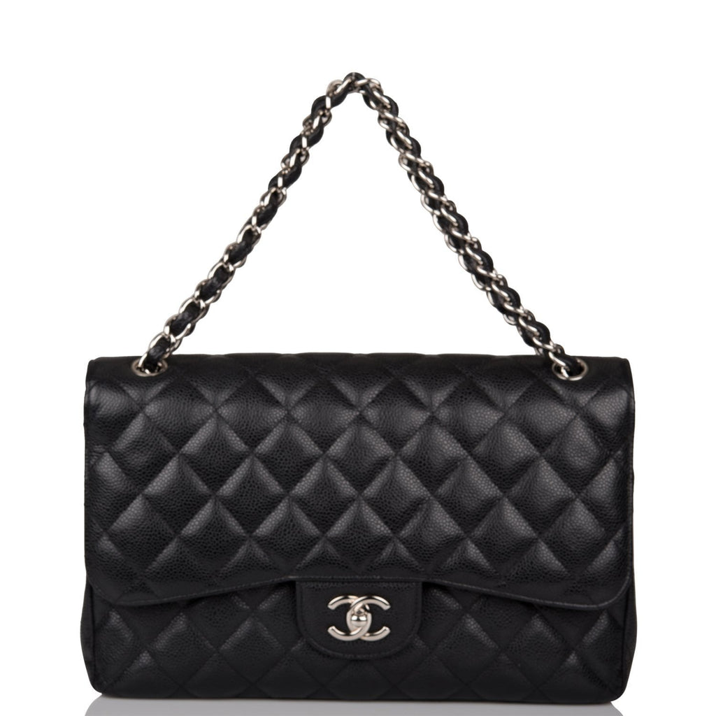 Pre-owned Chanel Jumbo Classic Double Flap Bag Black Caviar Silver Hardware