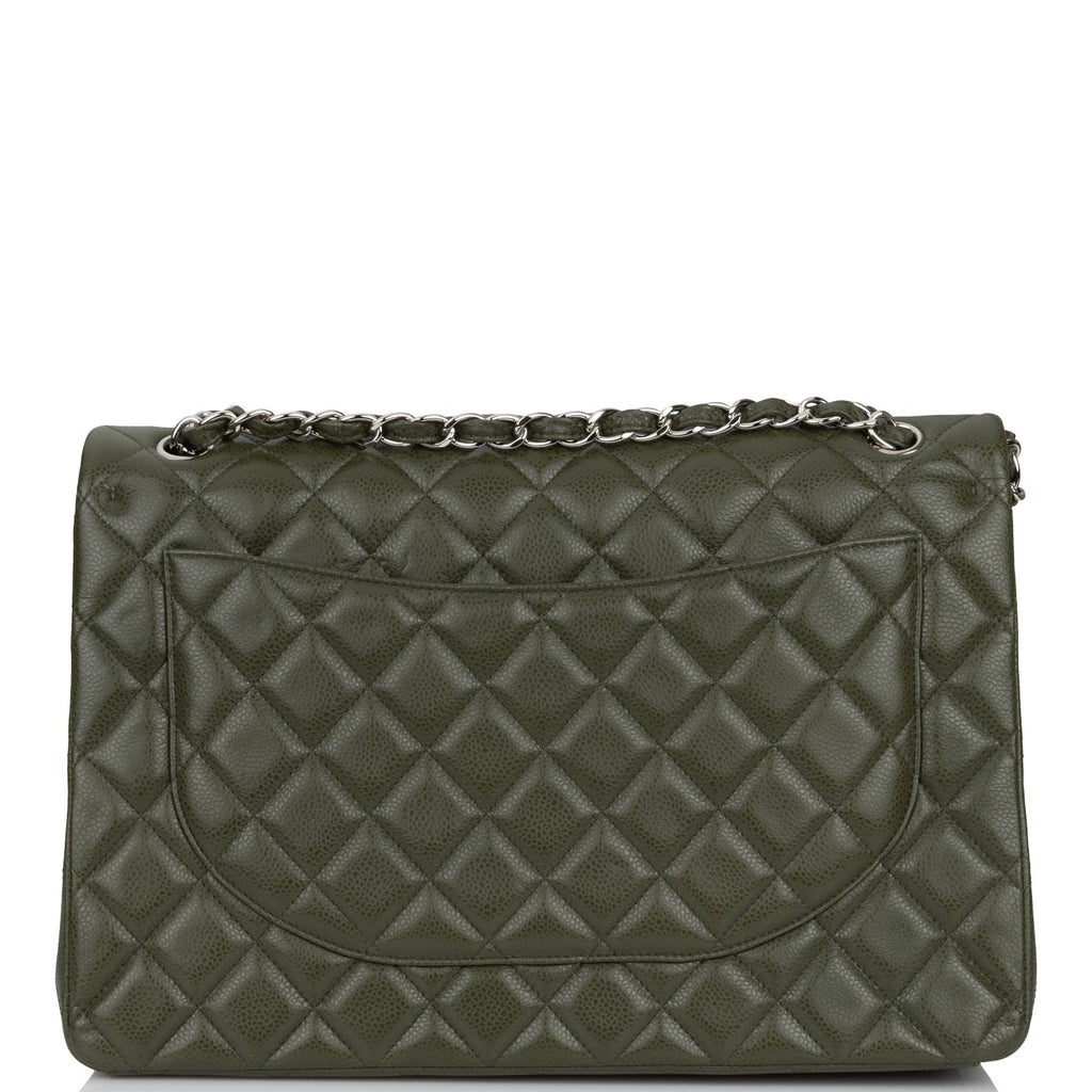 Pre-owned Chanel Maxi Classic Double Flap Bag Dark Green Caviar Silver Hardware