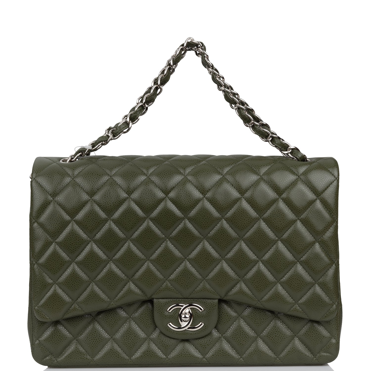 Pre-owned Chanel Maxi Classic Double Flap Bag Dark Green Caviar Silver Hardware