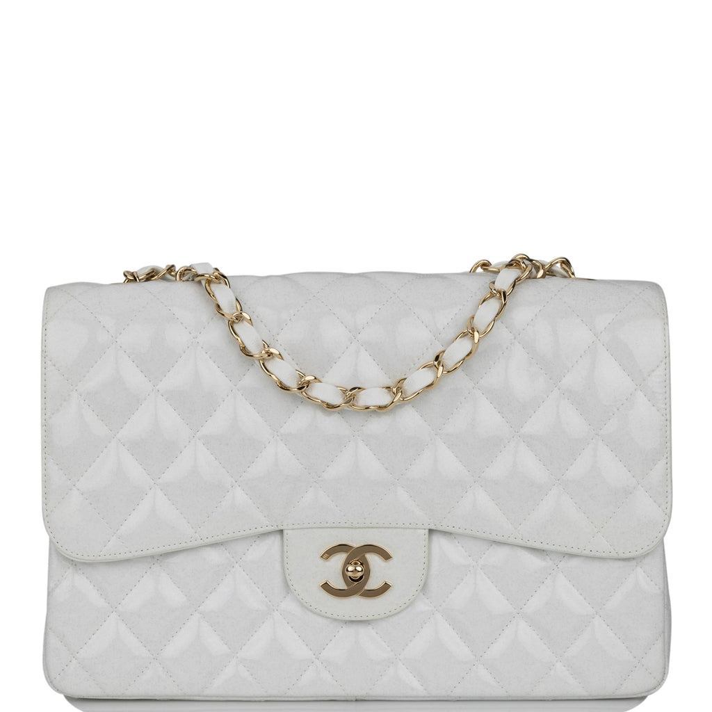 Pre-owned Chanel Jumbo Classic Single Flap Bag White Glitter Patent Leather Gold Hardware