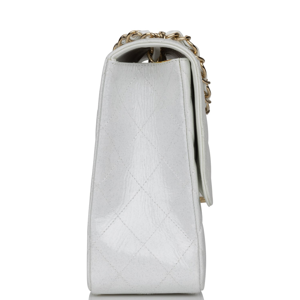 Pre-owned Chanel Jumbo Classic Single Flap Bag White Glitter Patent Leather Gold Hardware