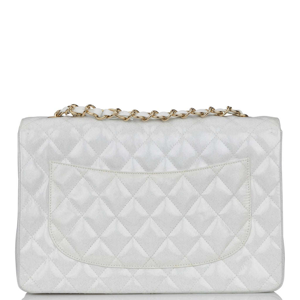 Pre-owned Chanel Jumbo Classic Single Flap Bag White Glitter Patent Leather Gold Hardware