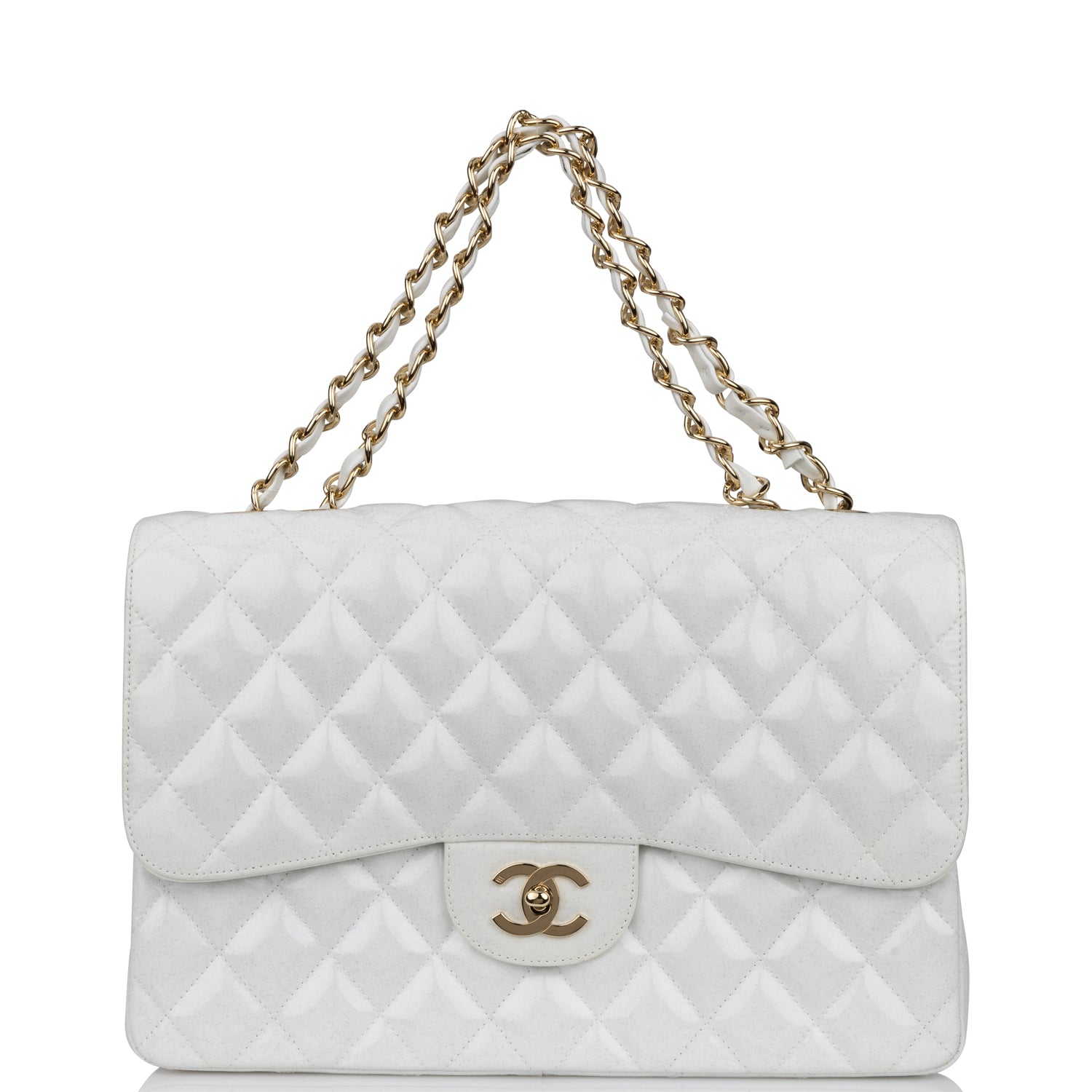 Pre-owned Chanel Jumbo Classic Single Flap Bag White Glitter Patent Leather Gold Hardware