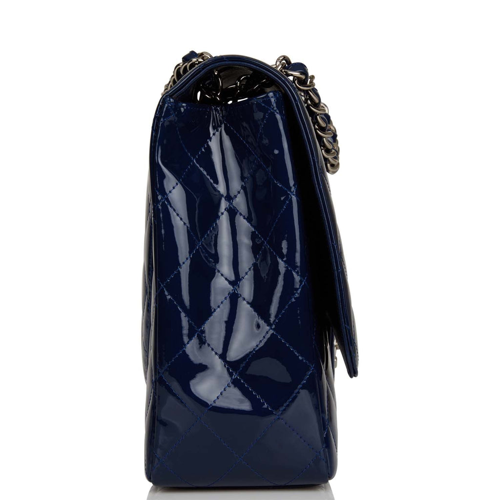 Pre-owned Chanel Maxi Classic Single Flap Bag Dark Blue Patent Silver Hardware