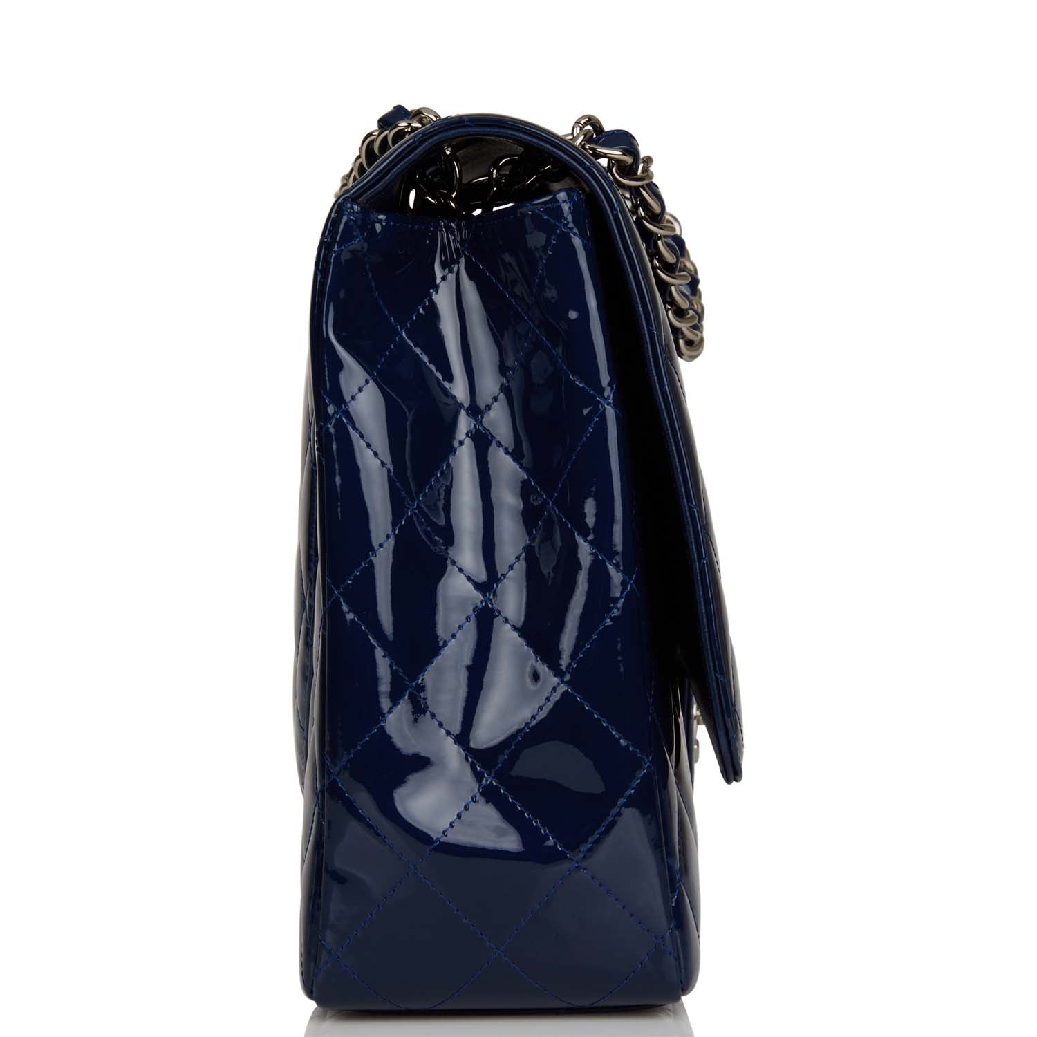 Pre-owned Chanel Maxi Classic Single Flap Bag Dark Blue Patent Silver Hardware