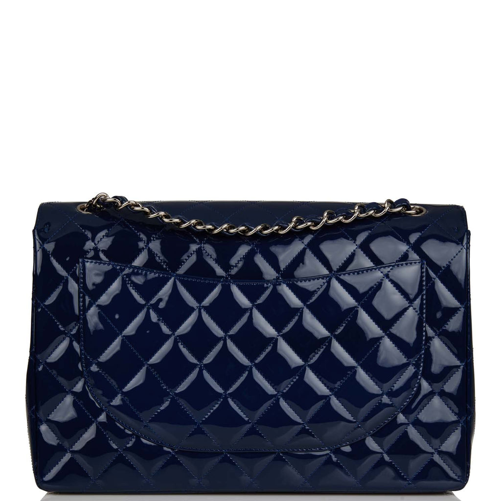 Pre-owned Chanel Maxi Classic Single Flap Bag Dark Blue Patent Silver Hardware