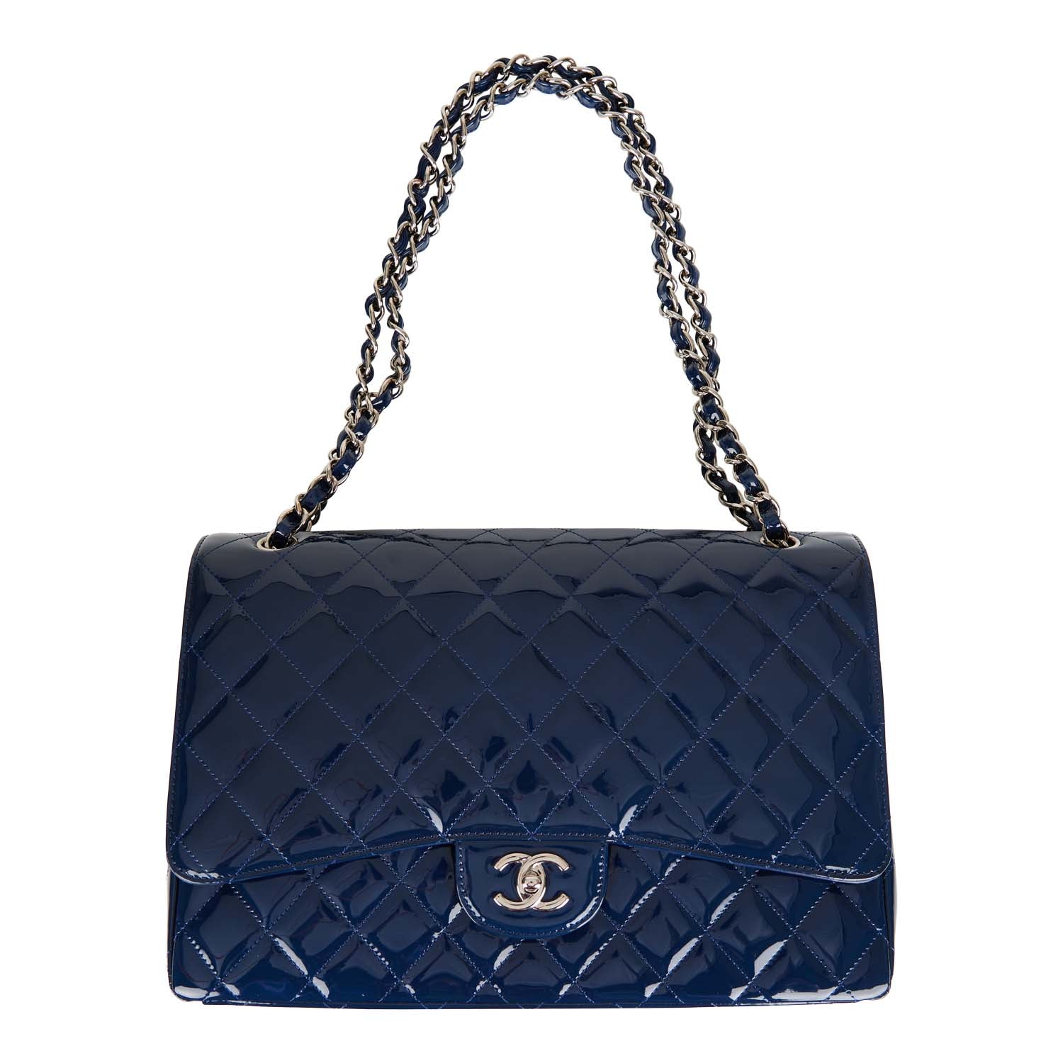 Pre-owned Chanel Maxi Classic Single Flap Bag Dark Blue Patent Silver Hardware