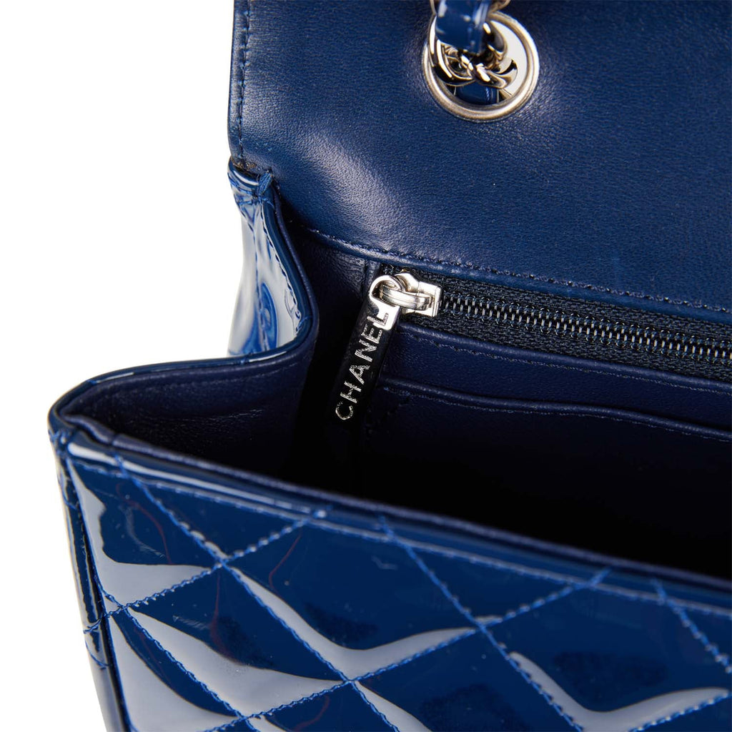 Pre-owned Chanel Maxi Classic Single Flap Bag Dark Blue Patent Silver Hardware