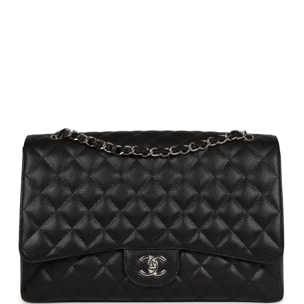 Pre-owned Chanel Maxi Classic Single Flap Bag Black Caviar Silver Hardware