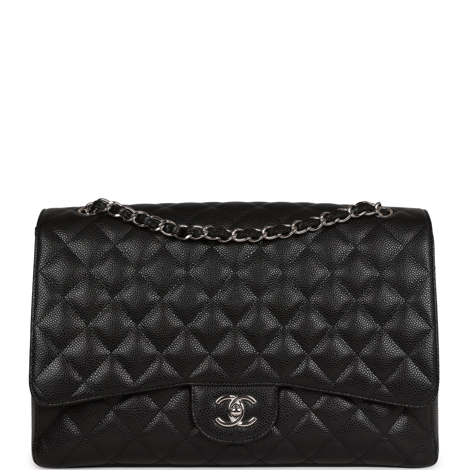 Pre-owned Chanel Maxi Classic Single Flap Bag Black Caviar Silver Hardware