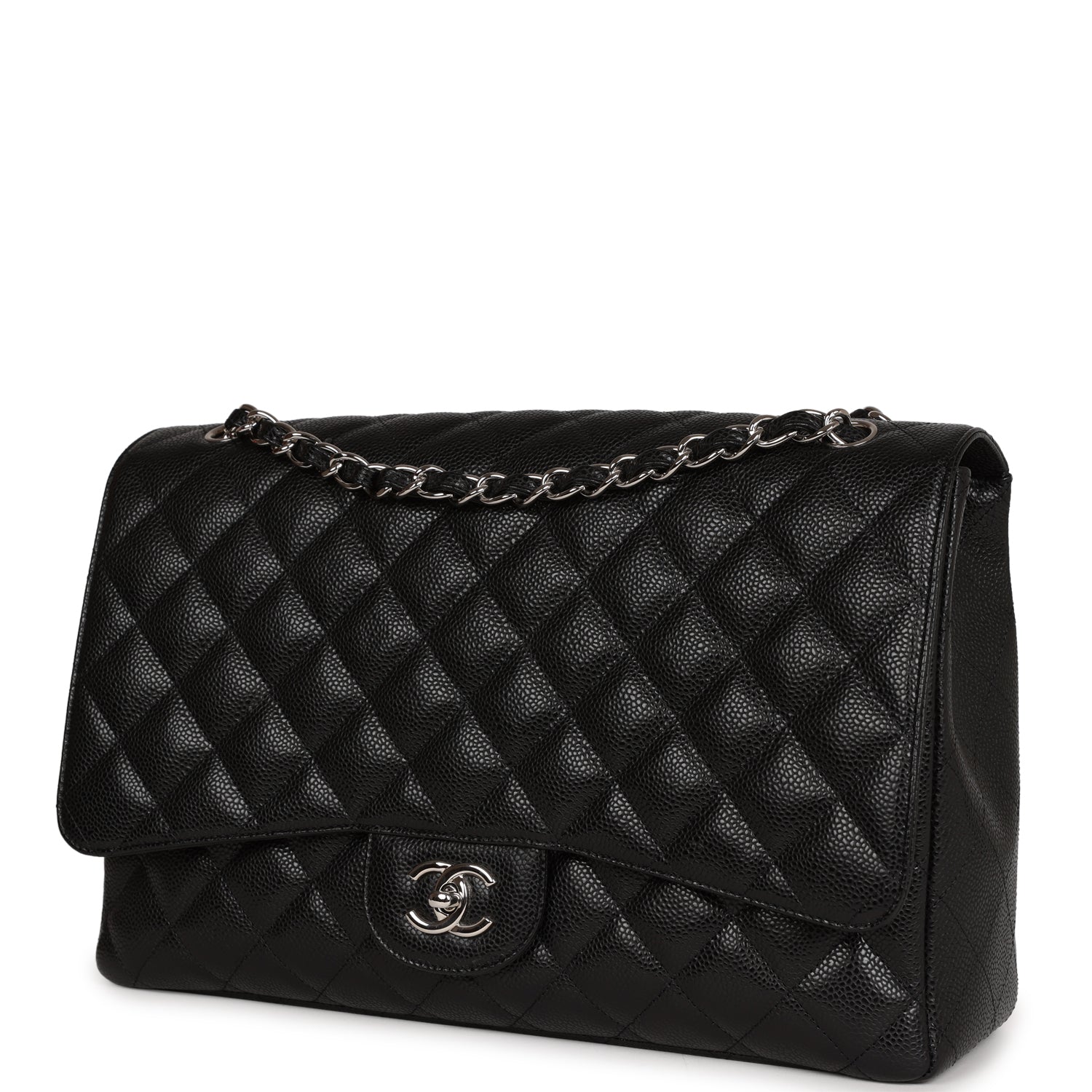 Pre-owned Chanel Maxi Classic Single Flap Bag Black Caviar Silver Hardware