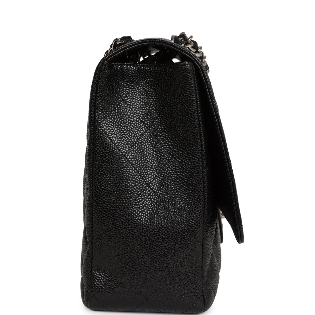 Pre-owned Chanel Maxi Classic Single Flap Bag Black Caviar Silver Hardware
