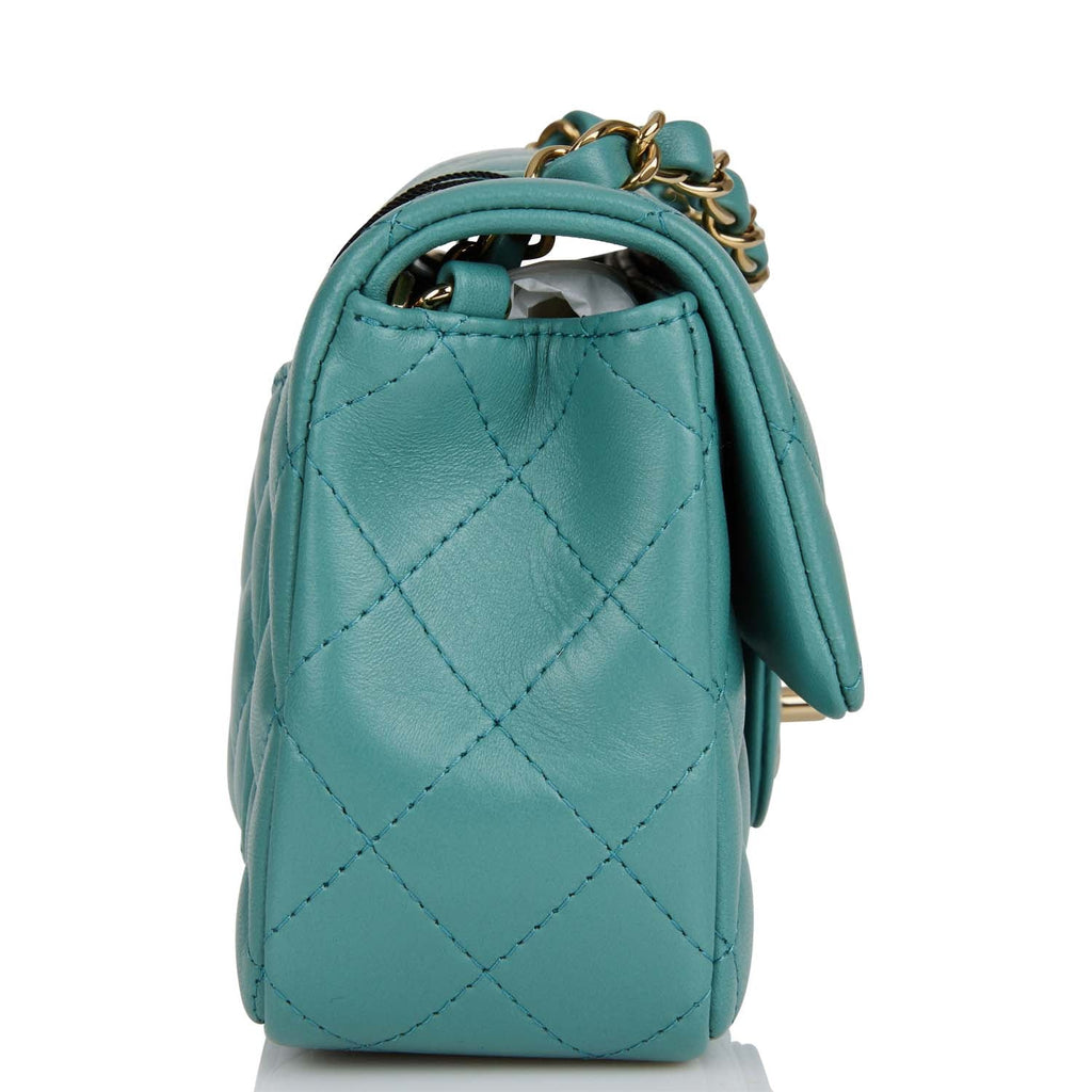 Chanel Mini Rectangular Flap Bag Turquoise Lambskin Light Gold Hardware