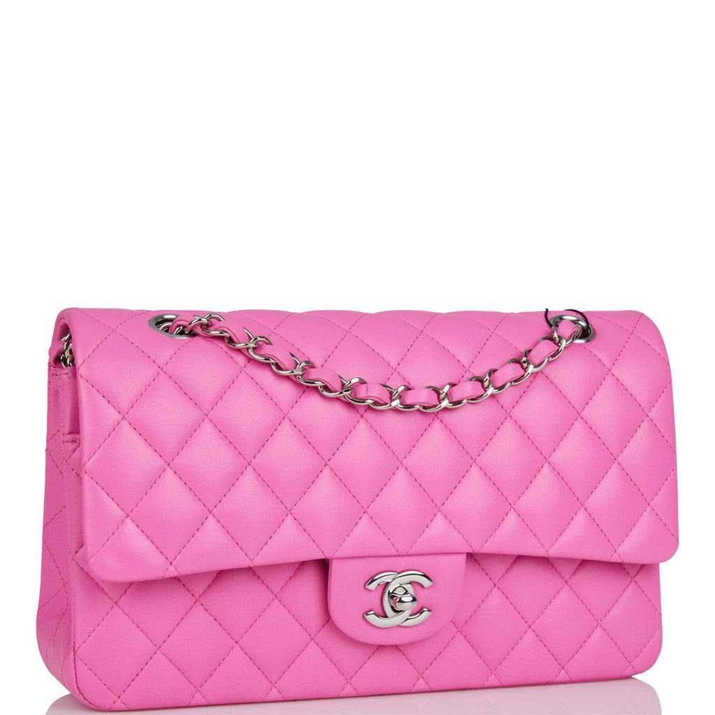Pre-owned Chanel Medium Classic Double Flap Bag Neon Pink Quilted Lambskin Silver Hardware
