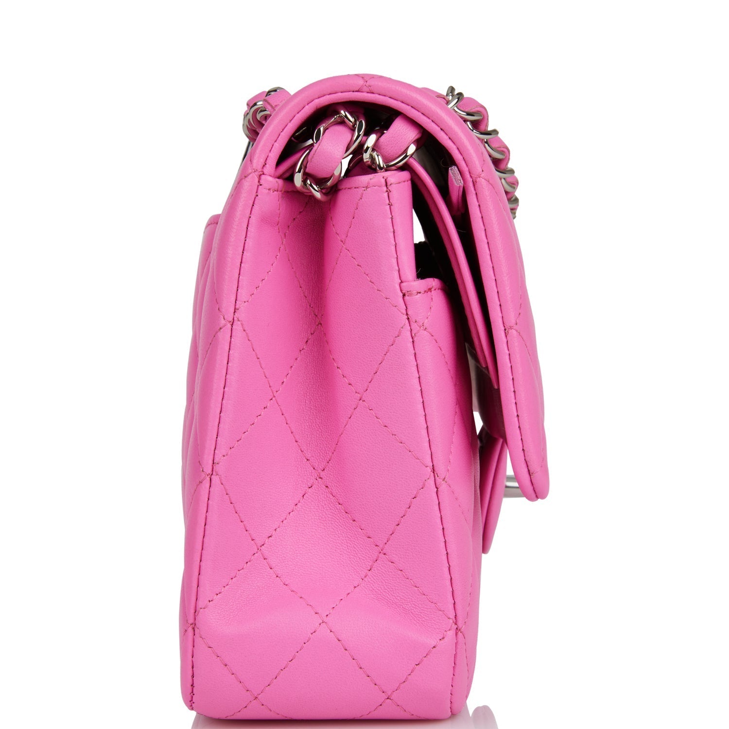 Pre-owned Chanel Medium Classic Double Flap Bag Neon Pink Quilted Lambskin Silver Hardware