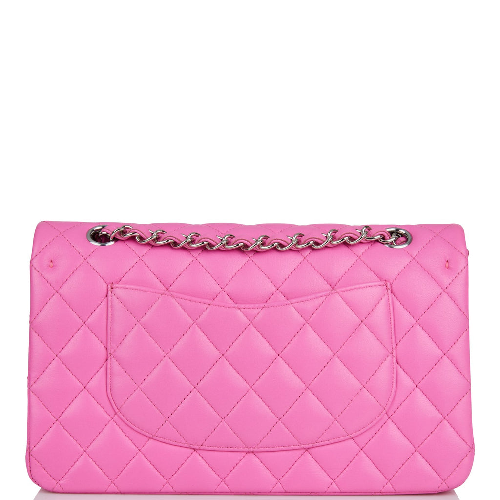 Pre-owned Chanel Medium Classic Double Flap Bag Neon Pink Quilted Lambskin Silver Hardware