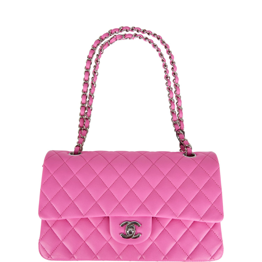 Pre-owned Chanel Medium Classic Double Flap Bag Neon Pink Quilted Lambskin Silver Hardware
