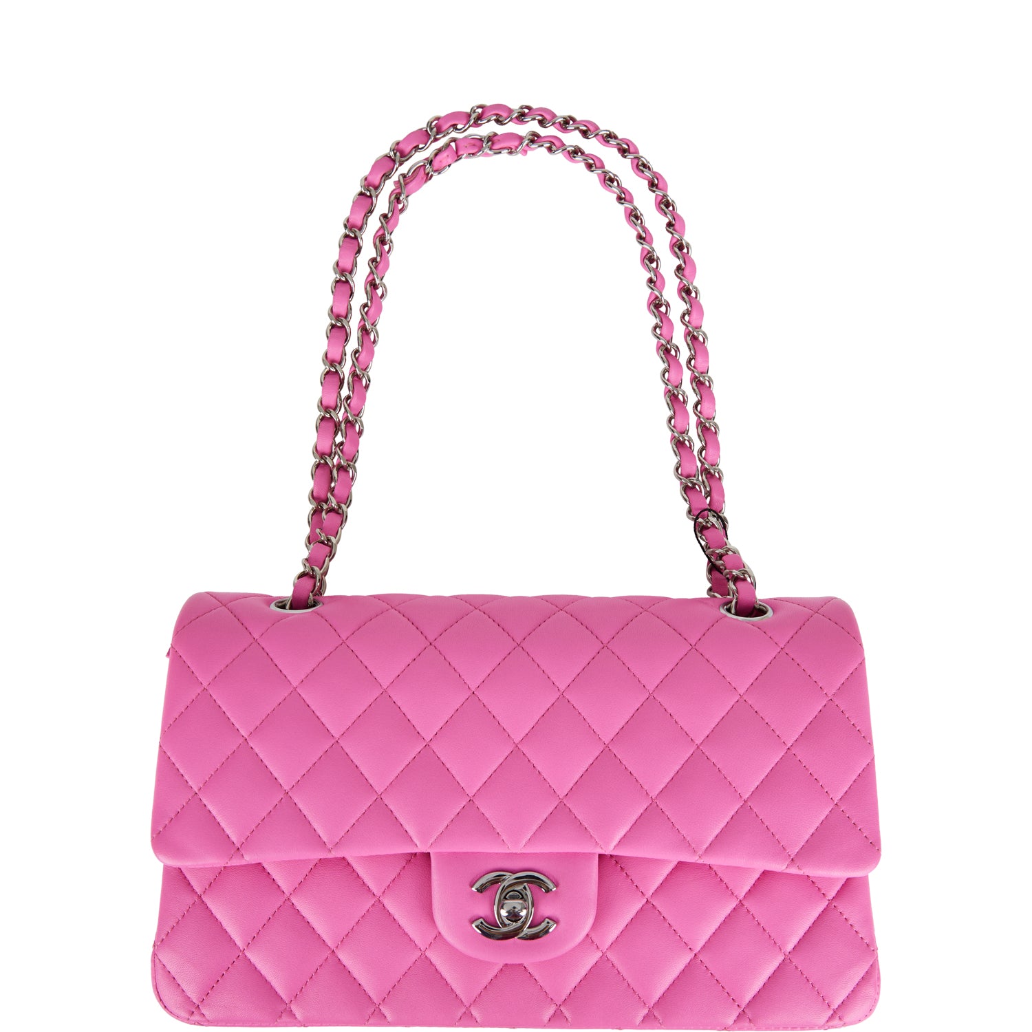 Pre-owned Chanel Medium Classic Double Flap Bag Neon Pink Quilted Lambskin Silver Hardware