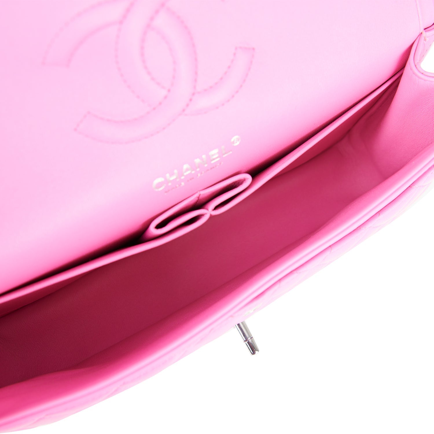 Pre-owned Chanel Medium Classic Double Flap Bag Neon Pink Quilted Lambskin Silver Hardware