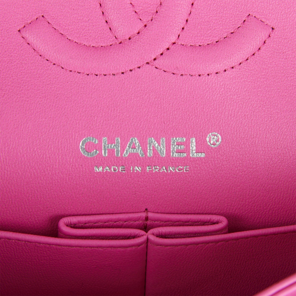 Pre-owned Chanel Medium Classic Double Flap Bag Neon Pink Quilted Lambskin Silver Hardware